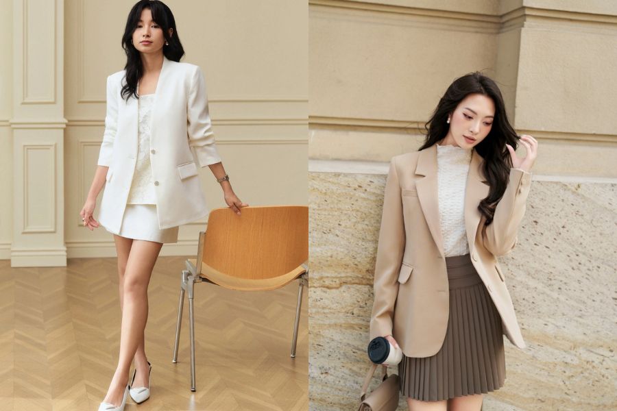 Blazer oversize phối chân váy ngắn