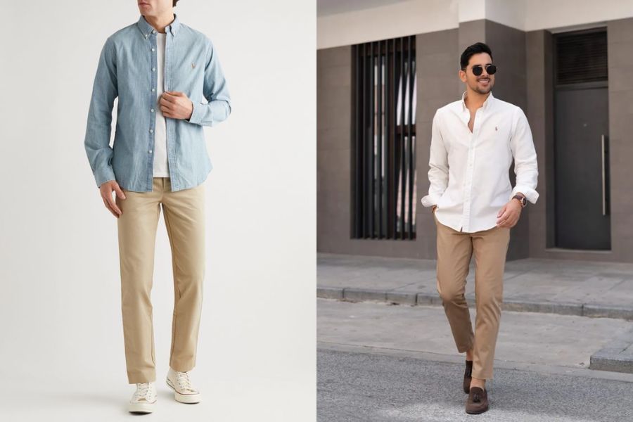 Áo sơ mi form rộng và quần chinos thanh lịch