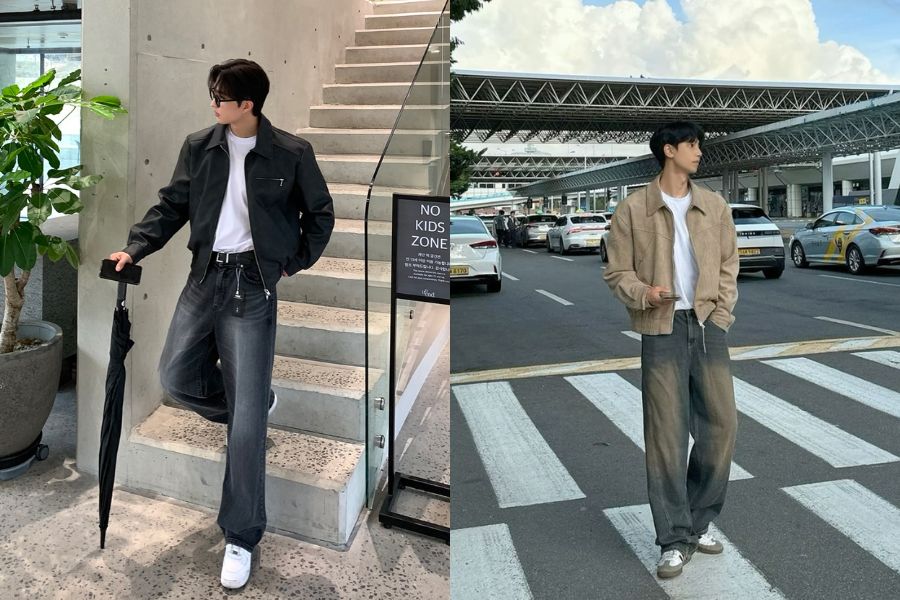 áo thun trắng kết hợp cùng áo jacket da