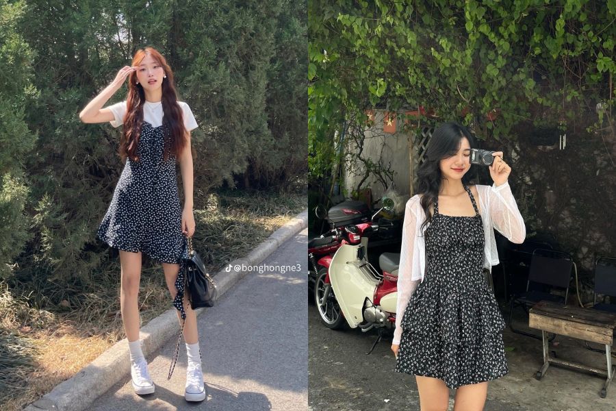 Váy liền thân hoa nhí với áo khoác voan style nàng thơ