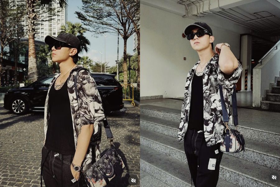 phối áo ba lỗ áo sơ mi họa tiết quần jogger và túi thể thao
