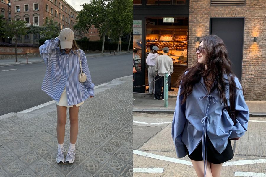 Sơ mi oversize phối quần short cùng giày thể thao