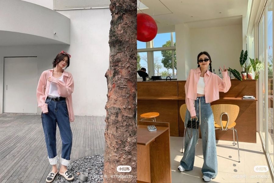 Áo sơ mi khoác ngoài phối áo phông 