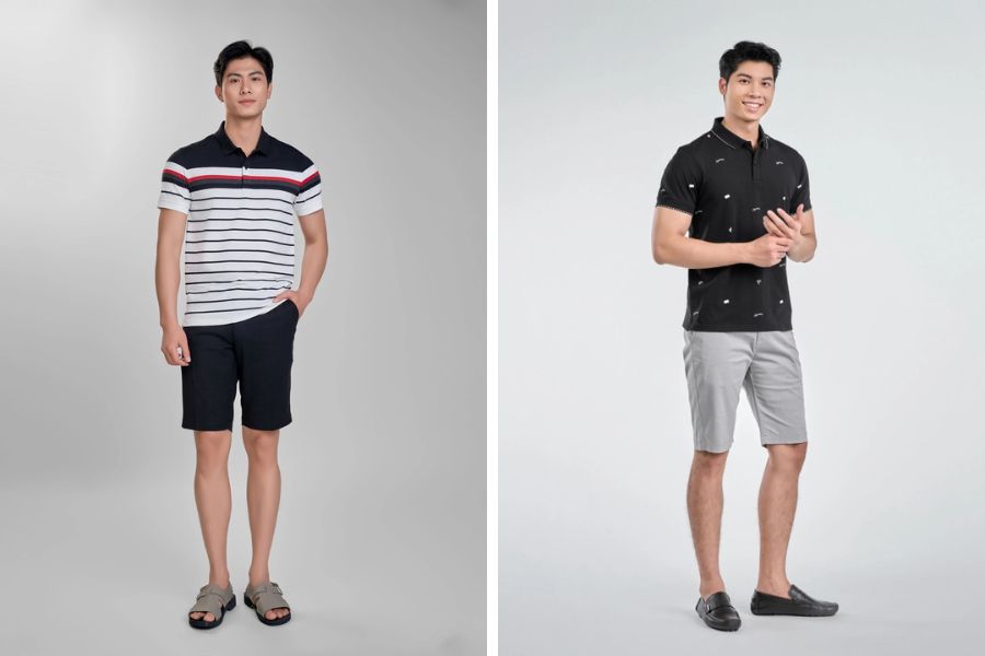 Phối áo Polo nam họa tiết tối giản với quần short lịch lãm