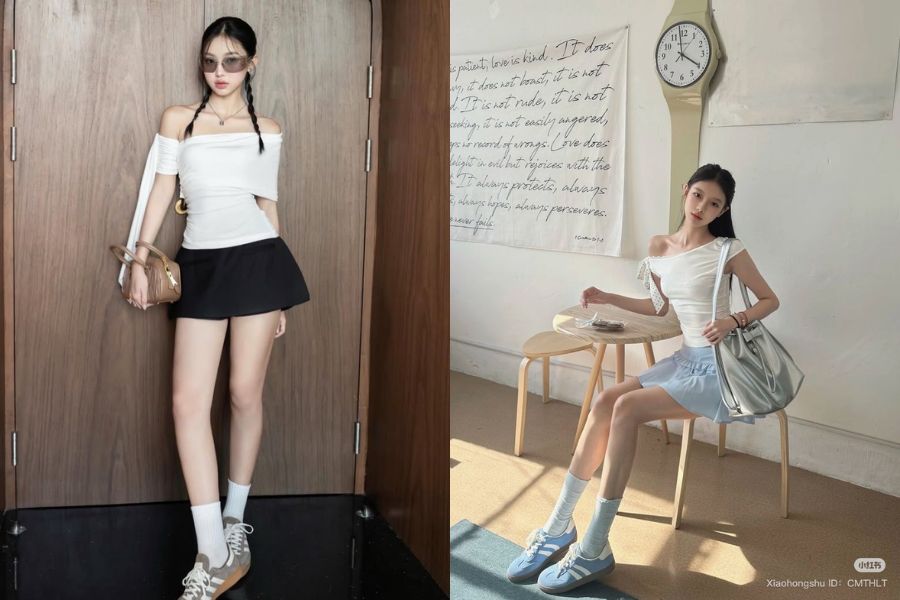 Áo trễ vai phối chân váy xinh xắn