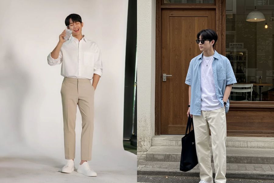 Sơ mi trắng phối quần kaki đi đám cưới