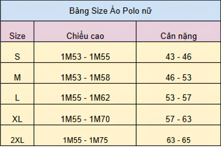 Bảng size áo polo nữ