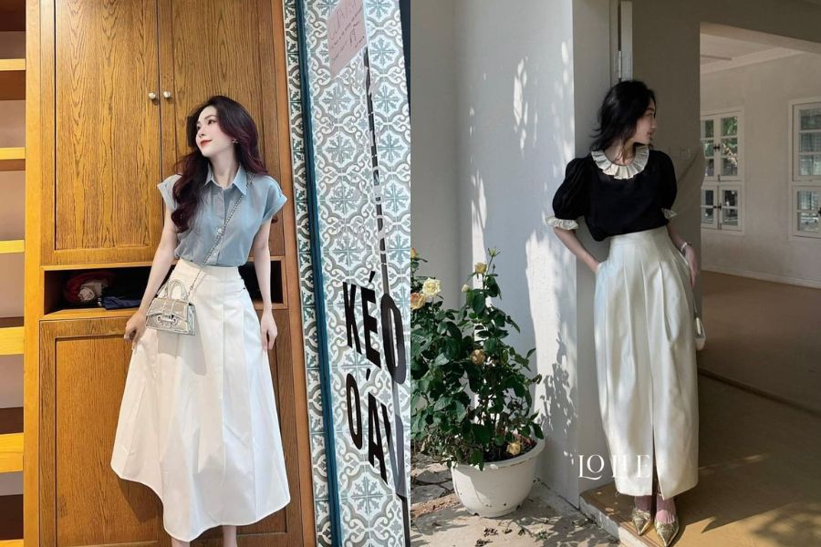 Áo sơ mi croptop phối chân váy dài
