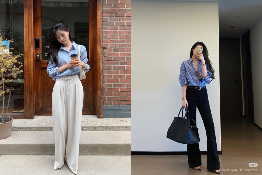Quần ống rộng kết hợp với sơ mi oversize