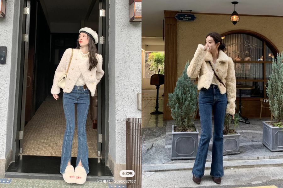Áo khoác lông cừu và quần jean