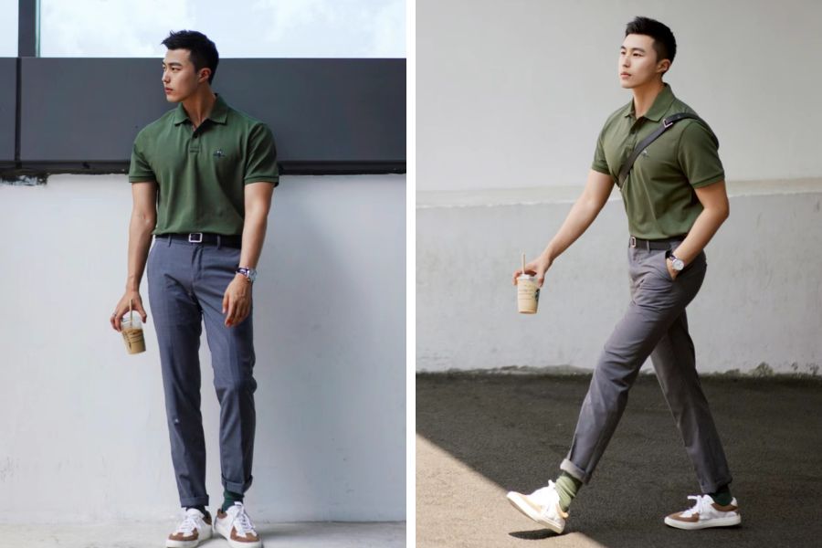 Kết hợp áo polo màu xanh lá cây trầm với quần regular fit