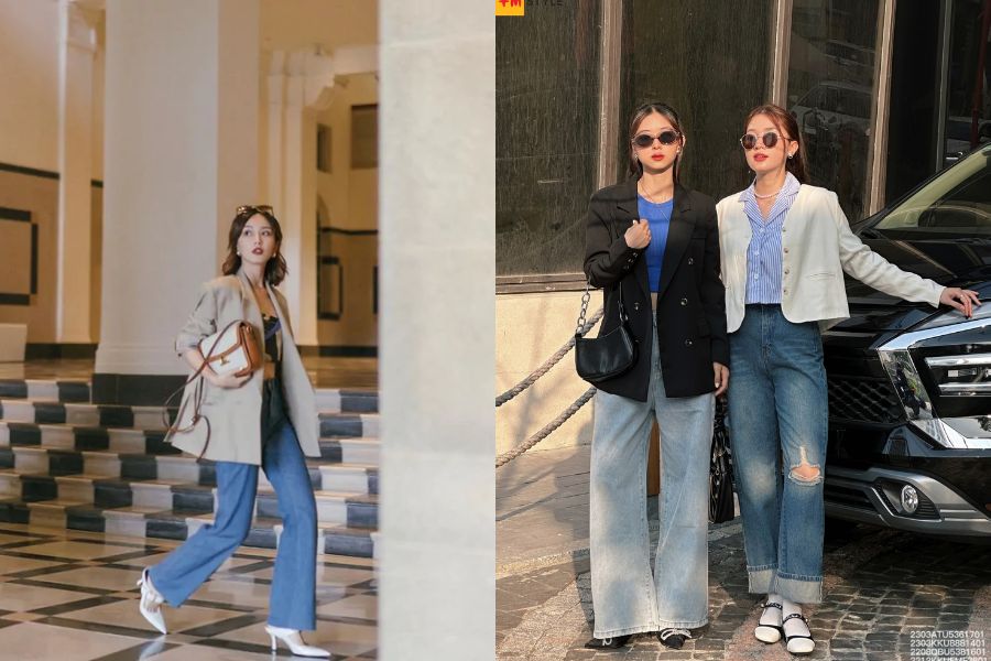 Áo blazer phối quần jean ống rộng