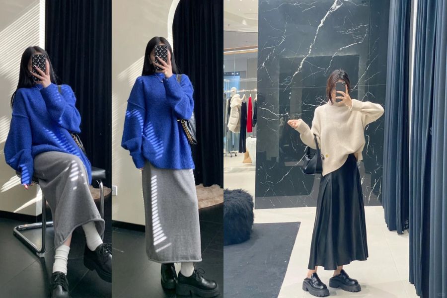 Áo len cổ cao ấm áp phối chân váy dài