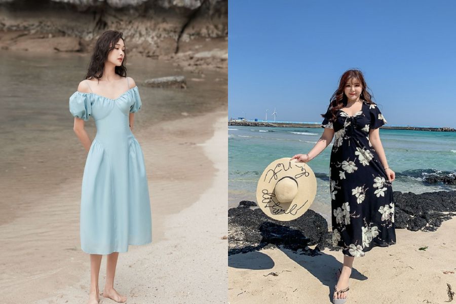 đầm trễ vai tay bồng cho nữ béo đi biển