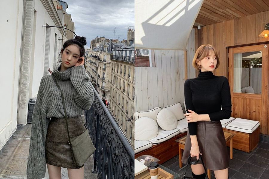 Chân váy da mix áo len cùng boots
