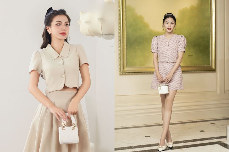 Sơ mi croptop phối chân váy A cạp cao