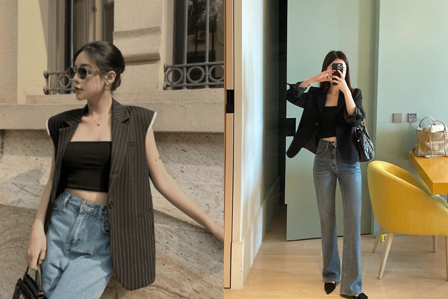 Áo len sát nách phối blazer oversize