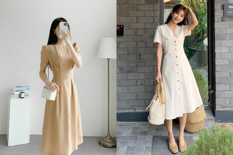 Váy midi thắt eo kết hợp với giày cao gót