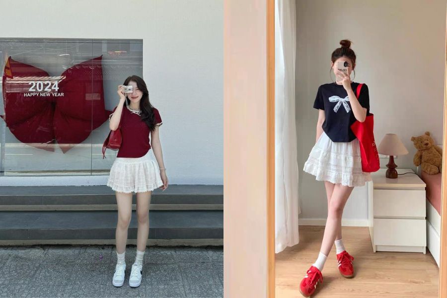 Phối áo lửng crop top với chân váy xòe