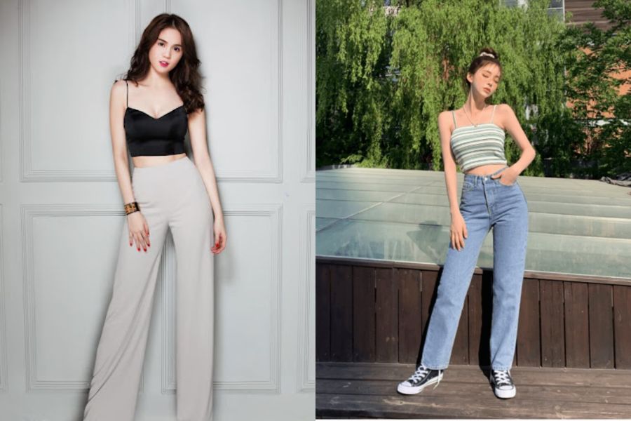 Áo hai dây ôm mặc với quần ống rộng cạp cao