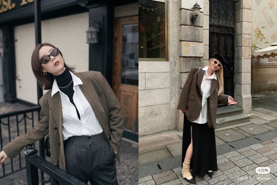 Áo len cổ lọ + áo blazer dáng ngắn + chân váy chữ A