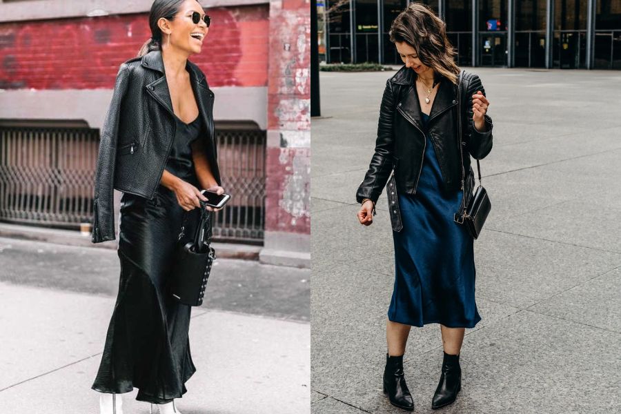 Phối áo khoác da cùng váy slip dress 2 dây