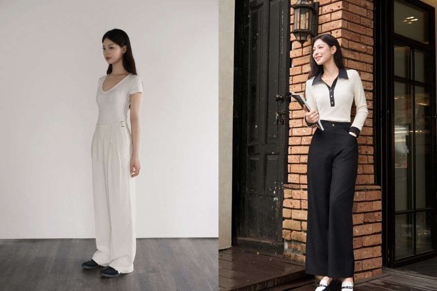 Quần suông cạp cao cho dáng quả táo