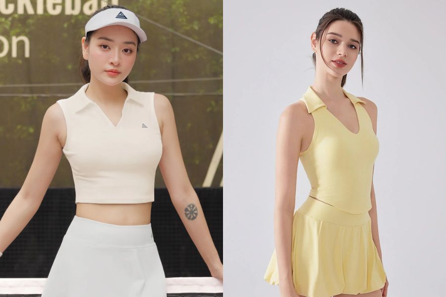 Áo sát nách cổ bẻ phối chân váy tennis