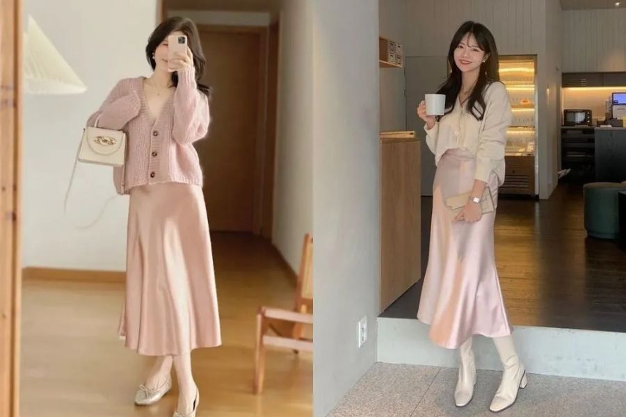 Áo cardigan hồng nhạt phối váy lụa trơn