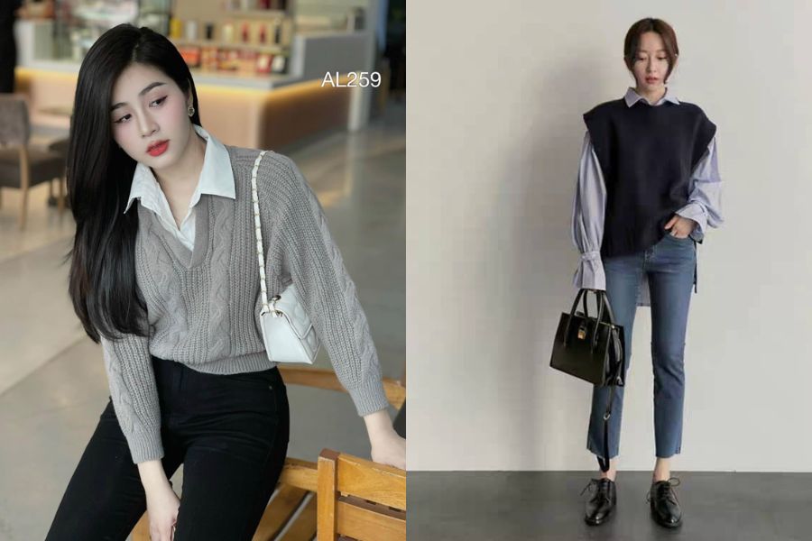 Mix áo len cổ sơ mi với quần skinny