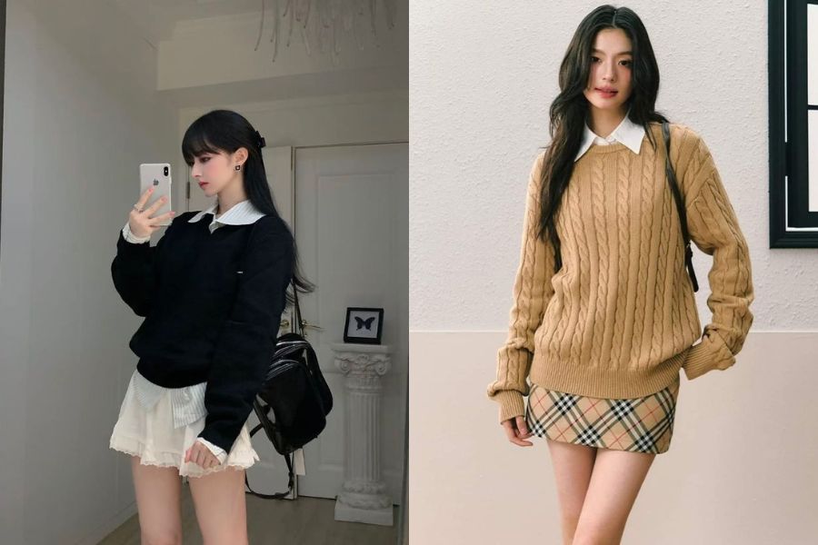 Áo len croptop cổ sơ mi