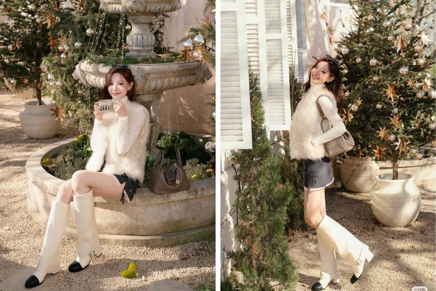 Tinh nghịch và đáng yêu với boot cổ cao và chân váy ngắn