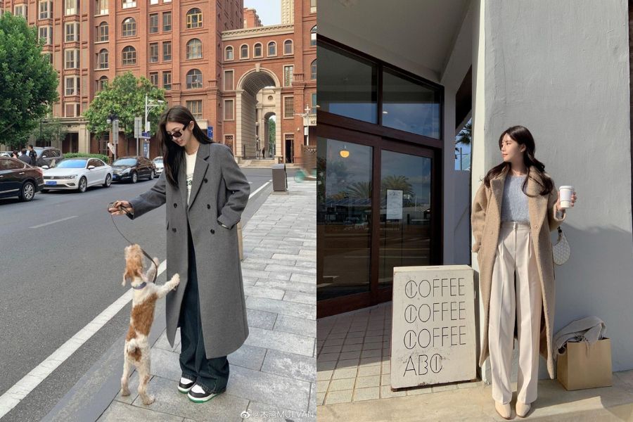 Quần ống rộng kết hợp với áo khoác dạ dài