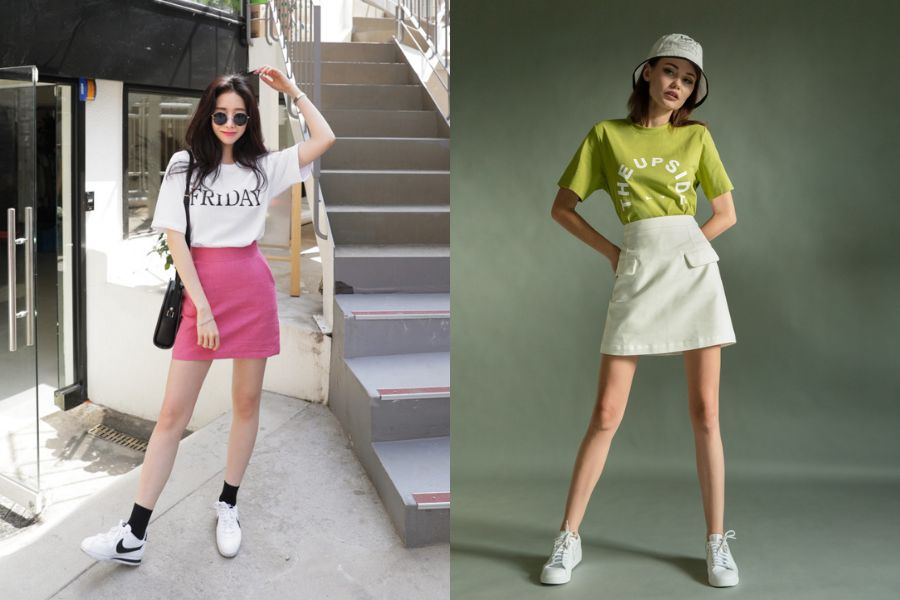 chân váy chữ A kết hợp áo phông