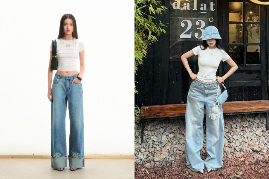 Quần Jean ống rộng mix áo croptop