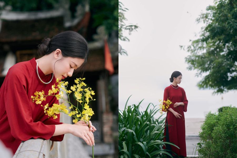 Tạo dáng chụp ảnh ngày Tết với hoa mai