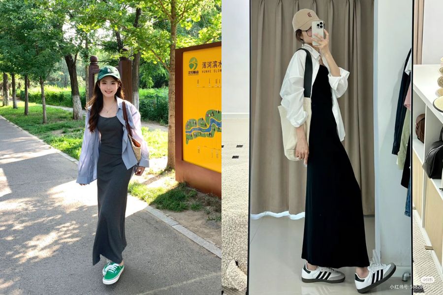Sơ mi khoác ngoài cùng váy dài, thanh lịch nhưng cuốn hút