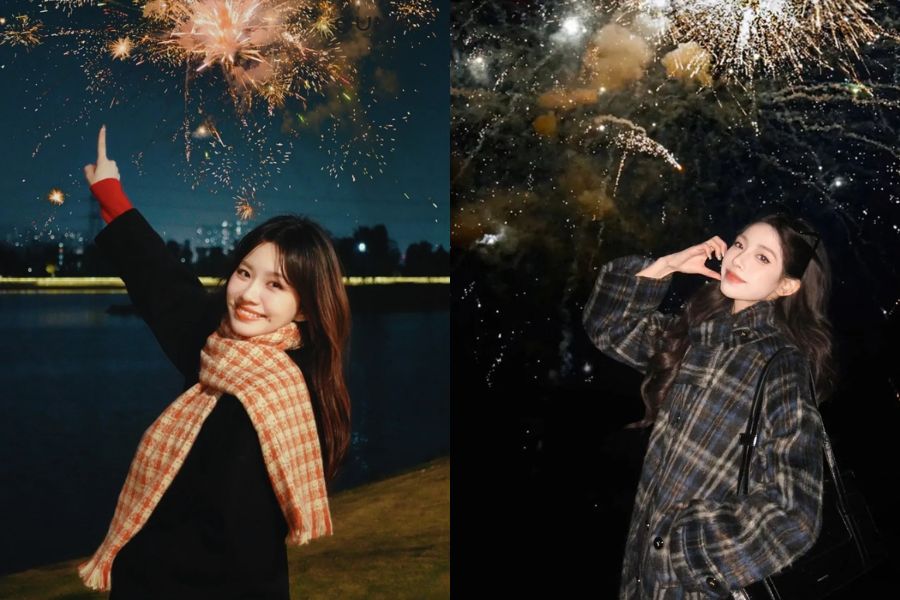 tạo dáng tương tác nhẹ nhàng khi chụp ảnh pháo hoa đêm giao thừa