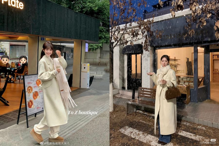 Áo cổ lọ + áo khoác dạ dài + quần ống suông