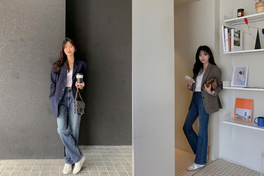 Quần jeans phối áo blazer