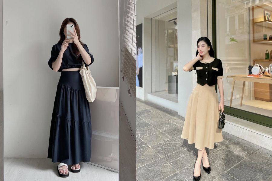 Chân váy xếp ly dài mix áo croptop