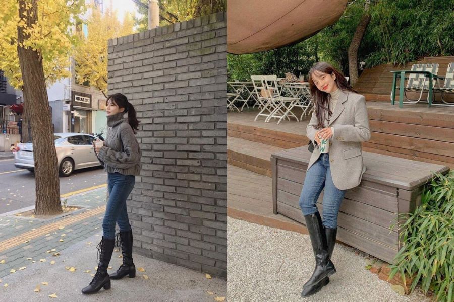 cách phối quần jean nữ với giày boots đùi