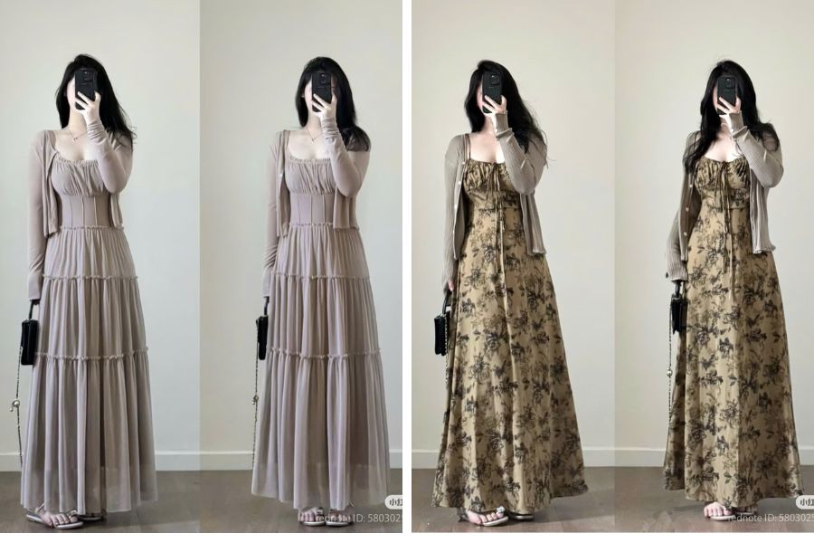 Áo khoác ngoài và váy hai dây có màu sắc tương đồng nhau