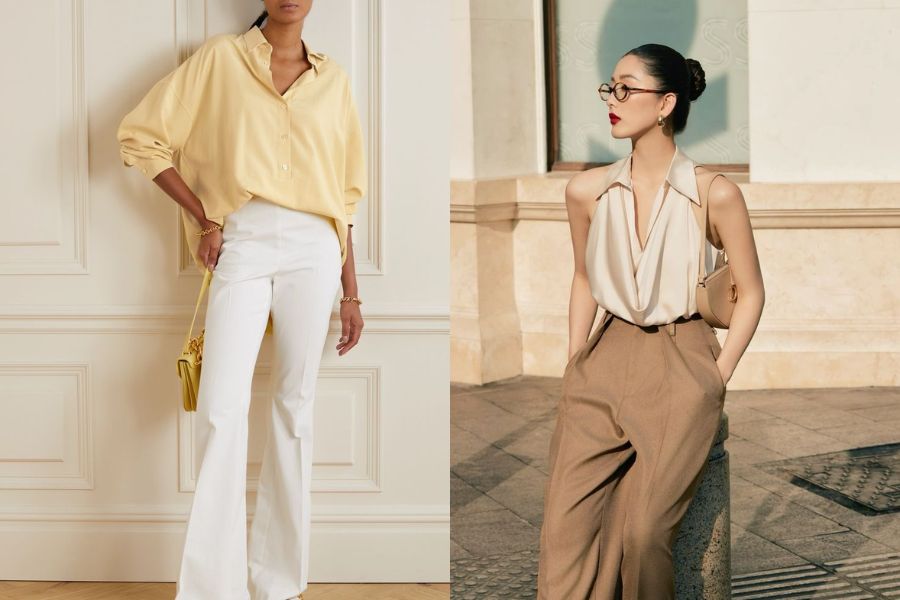 Áo lụa vàng phối quần ống rộng