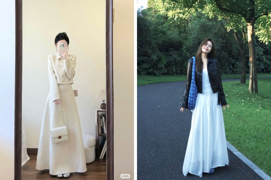 Chân váy trắng mix cùng áo khoác dạ ngắn hoặc áo da
