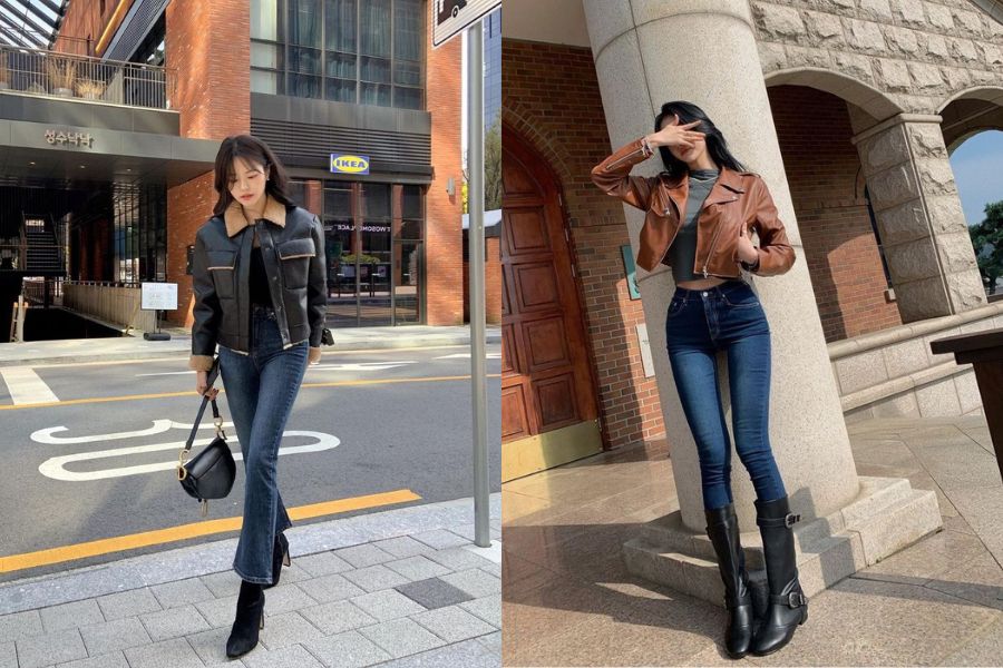 Phối áo khoác da nữ cùng quần jean skinny tôn dáng