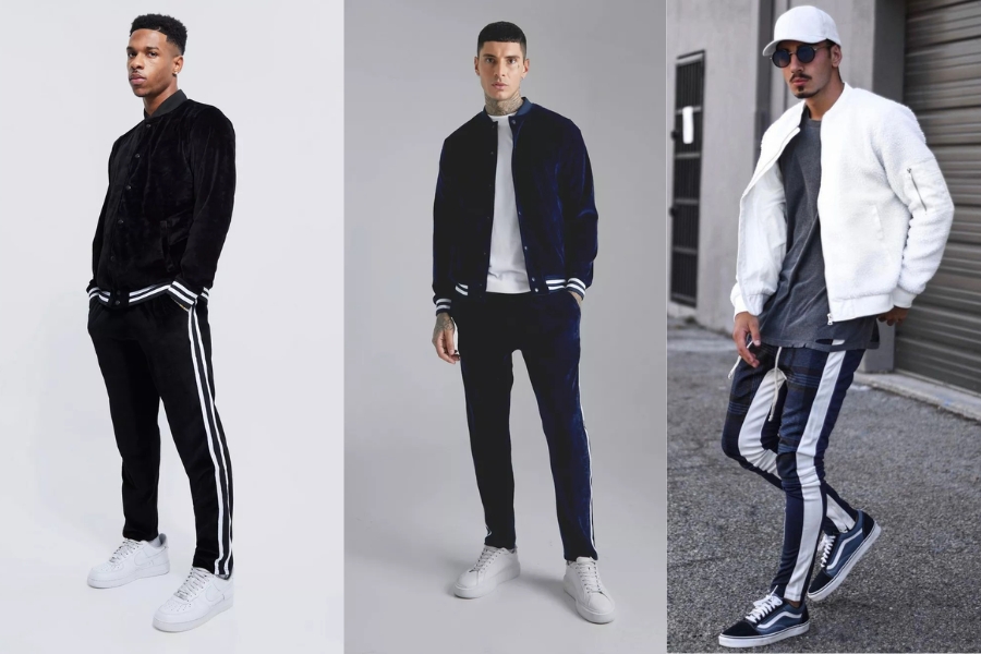 Phối quần Track Pants cùng áo khoác nam bomber