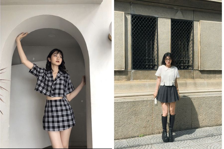 Áo sơ mi croptop phối chân váy xoè ngắn