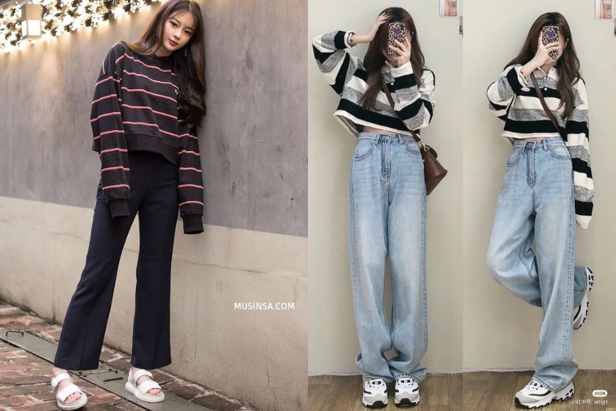 Áo sweater + quần jean ống suông + khăn quàng cổ