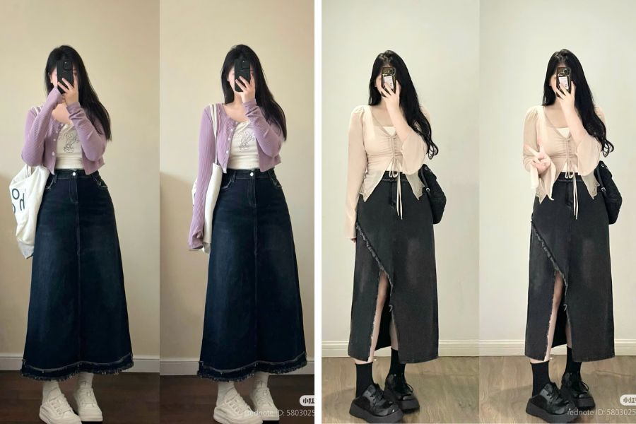 Mix chân váy màu đậm với áo dáng ngắn thắt eo gọn gàng